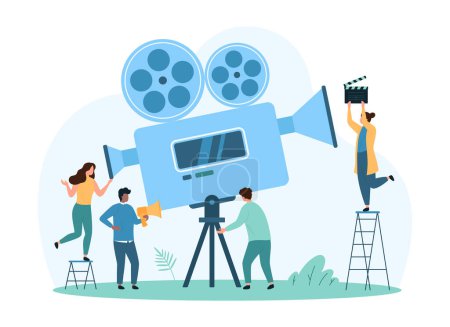 Video recording, videography and multimedia production. Tiny people with megaphone, clapperboard and professional camera record film, studio backstage of movie making cartoon vector illustration