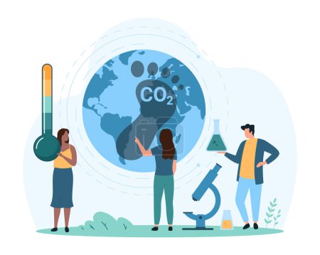 Carbon dioxide footprint. Tiny people study big foot of CO2 on globe of Earth with thermometer and flask of chemical test to assess effect of emissions on environment cartoon vector illustration