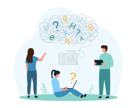 Dyslexia, learning brain disorder and text reading difficulty. Tiny people try to recognize letters in chaos, attention and awareness of problems of dyslexic person cartoon vector illustration