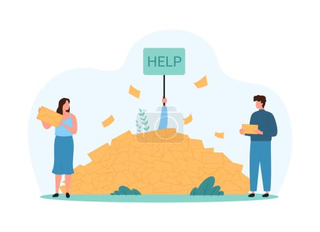 Email spam overload, mail box with marketing messages and newsletters. Tiny people with lot of correspondence, buried in letters person drowning in heap with Help sign cartoon vector illustration