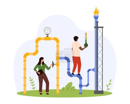Ilustración de Natural gas pipeline inspection. Tiny people check safety of pipes and valve, plant system pressure, engineers and workers control gas flow for leaks and temperature cartoon vector illustration - Imagen libre de derechos