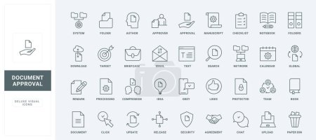 System stamps to release, update and approve files or product, process agreement and checklist on clipboard thin black and red outline symbols, vector illustration. Documents approval line icons set
