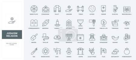 Jewish identity objects and religious items, food and calendar for religious holidays and festivals, thin black and red symbols collection vector illustration. Judaism religion line icons set