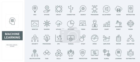 Outline pictogram collection of data research algorithms, digital dashboard of computing system, global analysis automation. Machine learning thin black and red line icons set vector illustration