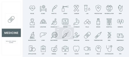 Téléchargez les illustrations : Outline symbols of emergency and pharmaceutical lab research, drugs in medical prescription list for pharmacy, doctor and stethoscope. Medicine thin black and red line icons set vector illustration - en licence libre de droit
