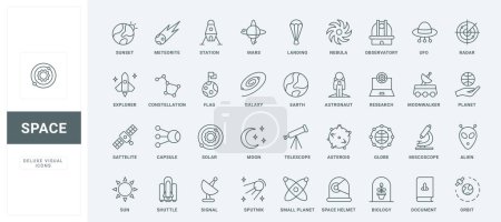Outline symbols of interstellar mission and shuttle to travel to planets and stars and explore cosmos, scientific astronomy study. Space research thin black and red line icons set vector illustration