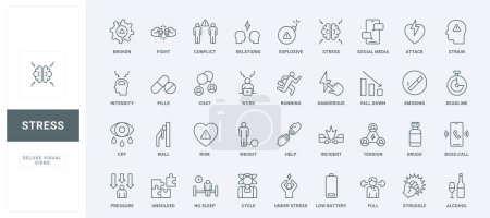 Factors of mental health problems, social media chat incidents and relationship tension, insomnia thin black and red outline symbols, vector illustration. Stress and depression causes line icons set