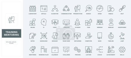 Illustration for Guidance, coach workshop to help and teach students improve potential skills thin black and red outline symbols, vector illustration. Training, mentor and business expert advices line icons set - Royalty Free Image