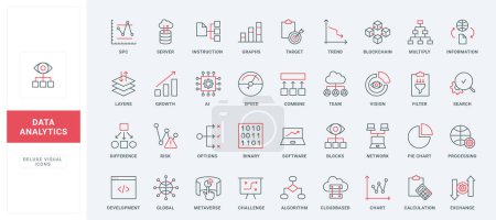 Data analysis and research, financial analytics and stock market trend monitoring by analysts team line icons set. Search and combine information thin black and red outline symbols vector illustration