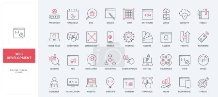 Web development, software and program code optimization, testing by programmer line icons set. Editing and design creation, homepage content thin black and red outline symbols vector illustration