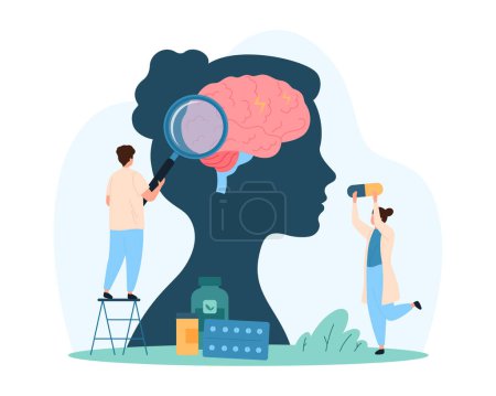 Diagnosis and treatment of headache, hospital examination of patients brain disease in neurology. Tiny people with magnifying glass research huge brain inside human head cartoon vector illustration