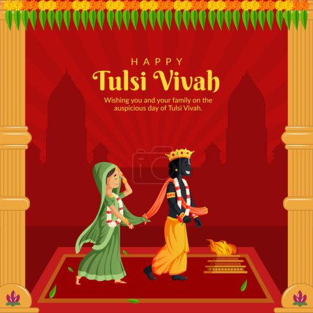 Illustration for Beautiful happy tulsi vivah Hindu festival banner design template. - Royalty Free Image