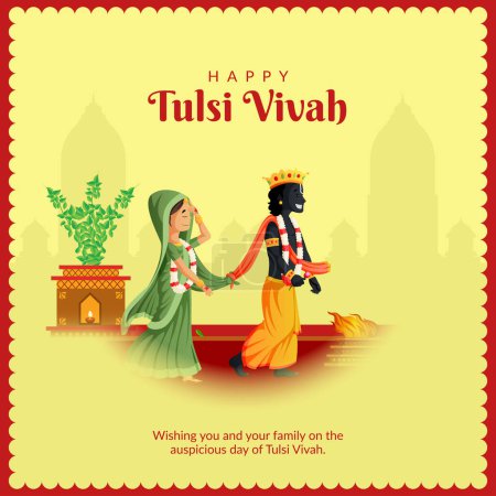 Illustration for Beautiful happy tulsi vivah Hindu festival banner design template - Royalty Free Image