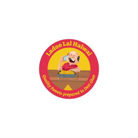 Téléchargez les illustrations : Ladoo lal halwai bonbons de qualité préparés dans desi ghee vecteur modèle de logo de mascotte. - en licence libre de droit