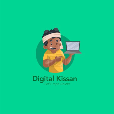 Téléchargez les illustrations : Digital kissan vendre des cultures en ligne vecteur mascotte modèle de logo. - en licence libre de droit