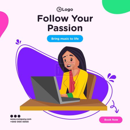 Illustration for Banner design of follow your passion bring music to life cartoon style illustration. - Royalty Free Image