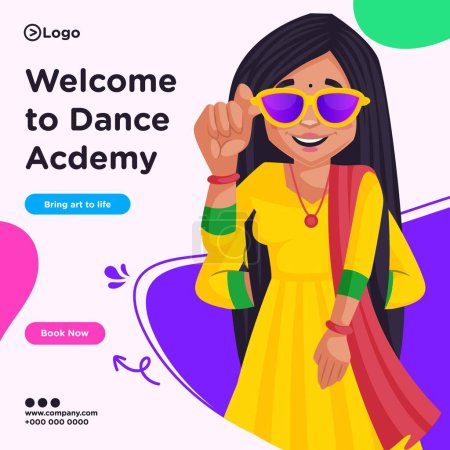 Illustration for Banner design of welcome to dance academy learn dance cartoon style illustration. - Royalty Free Image