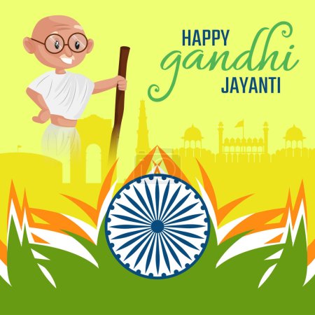 Téléchargez les illustrations : Modèle de conception de bannière de festival national Gandhi Jayanti heureux plat. - en licence libre de droit