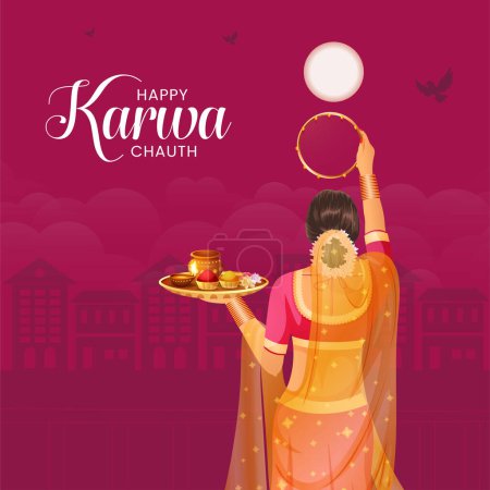 Ilustración de Hermosa plantilla de diseño de banner del festival karwa chauth feliz. - Imagen libre de derechos