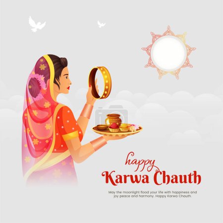Illustration for Beautiful happy karwa chauth festival banner design template. - Royalty Free Image