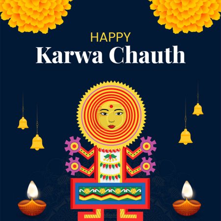 Ilustración de Realista feliz karwa chauth indio festival banner plantilla de diseño. - Imagen libre de derechos