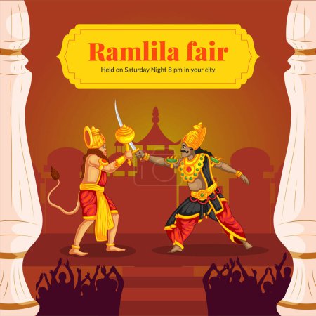 Téléchargez les illustrations : Conception de bannière de célébrer Ramlila juste modèle de style dessin animé. - en licence libre de droit