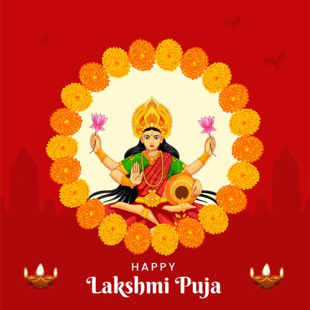 Téléchargez les illustrations : Festival religieux indien Happy Lakshmi Puja modèle de conception de bannière - en licence libre de droit