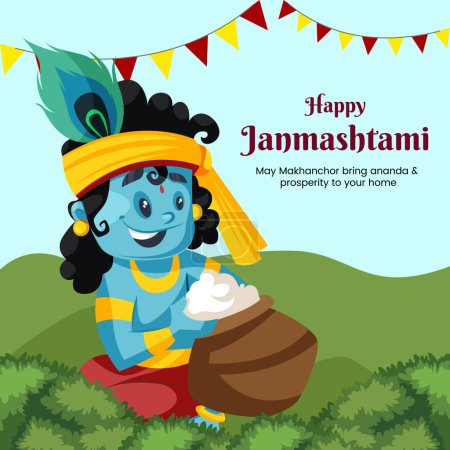 Illustration for Beautiful happy Krishna Janmashtami Indian festival banner design template - Royalty Free Image