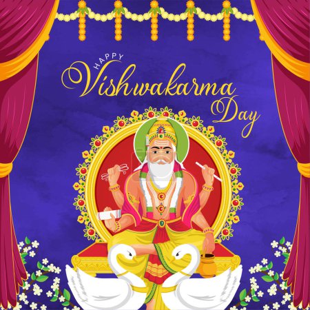 Illustration for Hindu god vishwakarma an architect and divine engineer of universe banner design. - Royalty Free Image