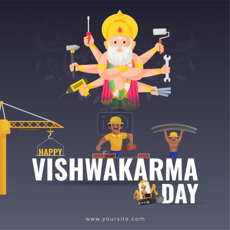 Téléchargez les illustrations : Dieu hindou vishwakarma un architecte et ingénieur divin de la conception de bannière de l'univers. - en licence libre de droit