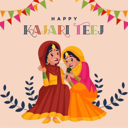 Illustration for Happy kajari teej indian festival cartoon style template. - Royalty Free Image