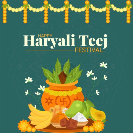 Téléchargez les illustrations : Conception de bannière de Happy hariyali teej Indian festival dessin animé modèle de style. - en licence libre de droit