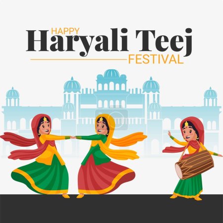 Téléchargez les illustrations : Conception de bannière de Happy hariyali teej Indian festival dessin animé modèle de style. - en licence libre de droit