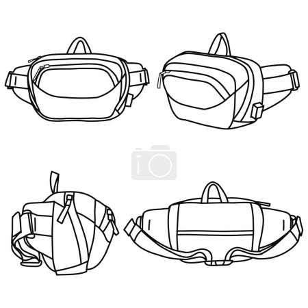 Illustration for White technical sketch of waist bag vector template, front, back and side view, isolated on white background, editable color and stroke. - Royalty Free Image