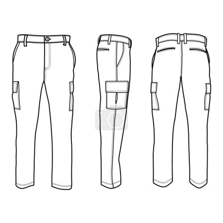 Dessin esquisse technique du modèle vectoriel pantalon cargo homme, vue avant, arrière et latérale, isolé sur fond blanc, couleur modifiable et course.