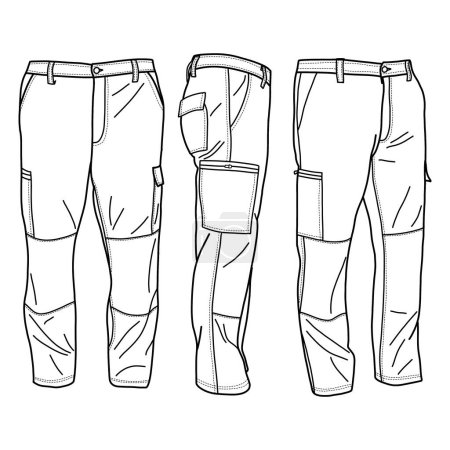 Dessin esquisse technique du modèle vectoriel pantalon cargo mens, vue avant, arrière et latérale, isolé sur fond blanc, adapté à votre pantalon cargo personnalisé couleur modifiable et course.