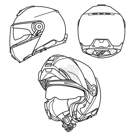 Technical sketch drawing of modular full face helmet line art, isometric, side, rear and isometric view, flat sketch, isolated on white background, suitable for your full face helmet, editable color