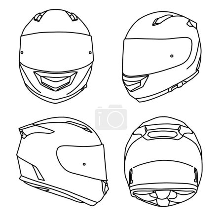 Technical sketch drawing of full face helmet line art, front, side, rear and isometric view, flat sketch, isolated on white background, suitable for your full face helmet, editable color