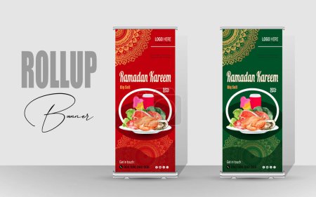 Joyeux Ramadan Roll Up Banner design. Bannière alimentaire spéciale Ramadan. Modèle de bannière de rouleau de vente de menu alimentaire Ramadan Kareem.
