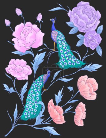 Ilustración de patrón floral de pavo real