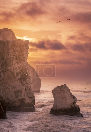 Téléchargez les photos : Tempête Isha brassant à Seaford tête sur la côte est du Sussex pendant la marée haute et lever du soleil sud-est de l'Angleterre Royaume-Uni - en image libre de droit