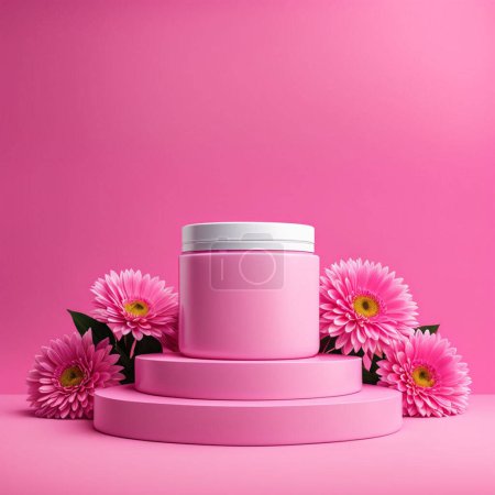 3D rosa Produktpodiumständer mit rosa Blumen und rosa Hintergrund, Kosmetikprodukte-Mockup-Hintergrund, 3D-Render-Illustration