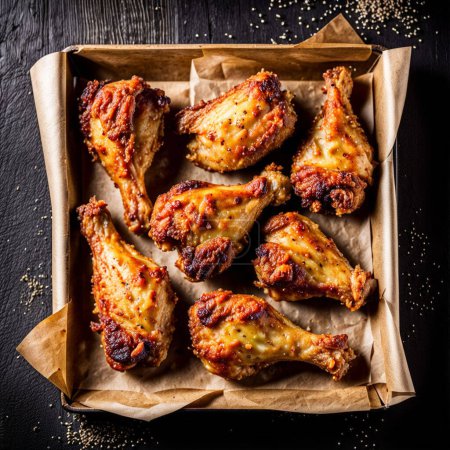 Photo for Fried chicken legs and wings in paper packaging, rustic wooden kitchen board, with isolated black background top new - Royalty Free Image