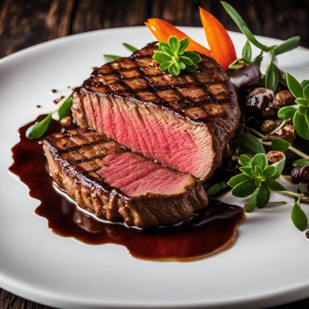 Succulent steak de b?uf grillé aux marques de poire parfaites, servi sur une assiette rustique dans un décor sombre et élégant, exsudant une expérience culinaire luxueuse et gourmande.