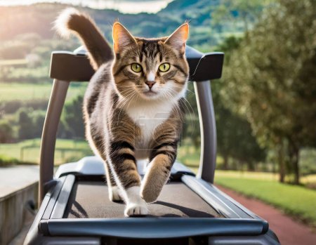 eine Katze, die sich körperlich betätigt, während sie anmutig auf einem Laufband manövriert und dabei ihre Beweglichkeit und natürliche Athletik zur Schau stellt.