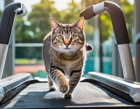 un gato que practica actividad física, mientras maniobra con gracia en una cinta de correr, mostrando su agilidad y atletismo natural.