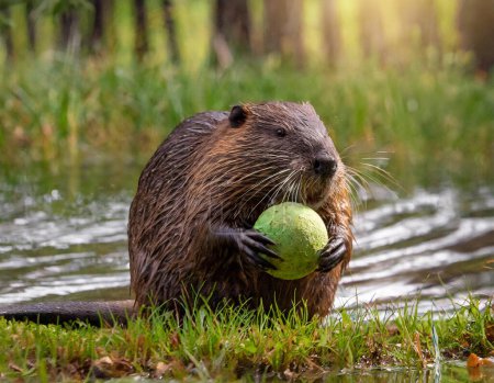 Foto de Una foto de un castor jugando con una pelota en la naturaleza - Imagen libre de derechos