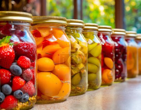 Téléchargez les photos : Une rangée de pots en verre remplis d'un assortiment de fruits en conserve - en image libre de droit