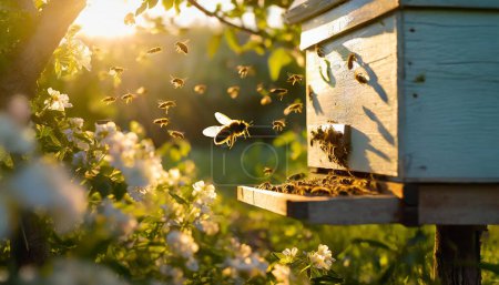 Un essaim d'abeilles volant autour de la ruche après une journée de collecte du nectar des fleurs