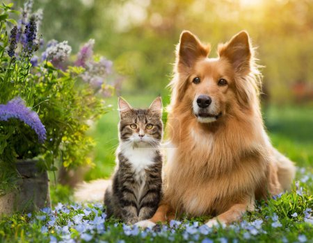 Téléchargez les photos : Chien et chat ensemble, animaux domestiques, printemps ou été nature - en image libre de droit